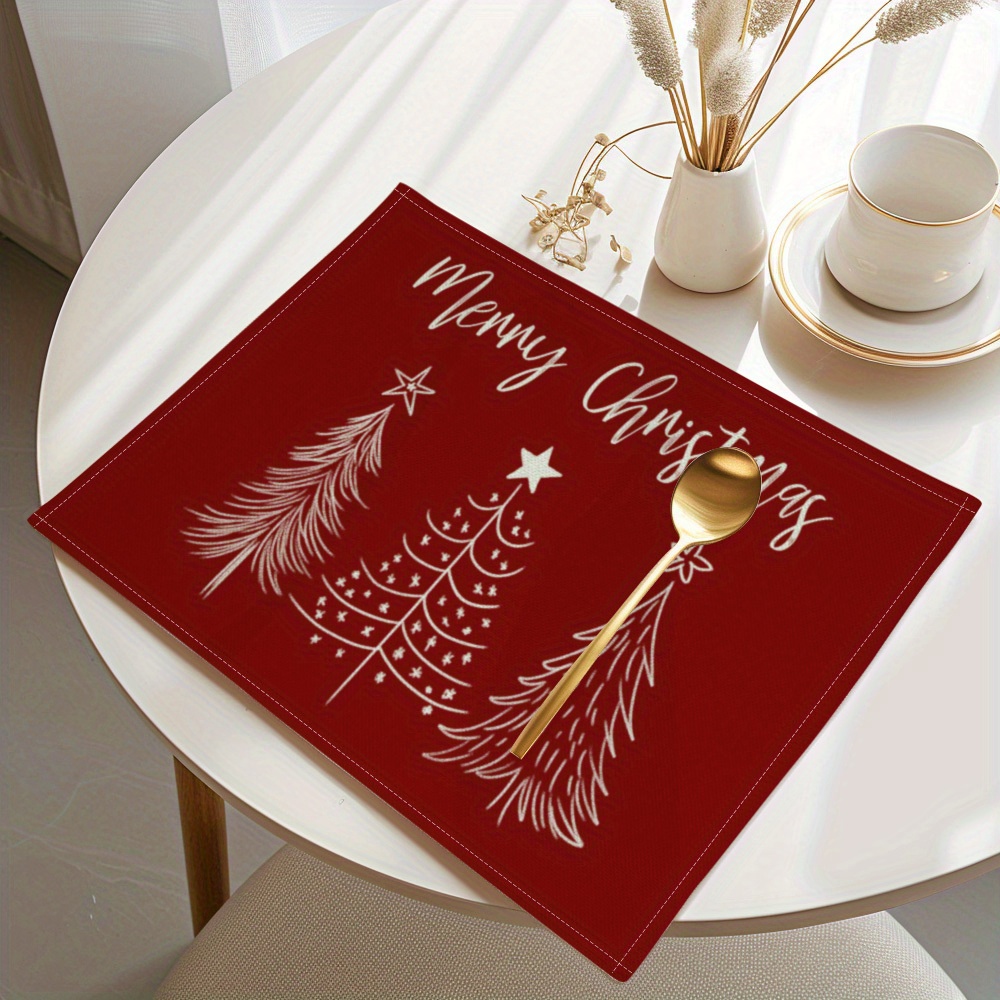 Linen Table Runner - Minimalistische rode achtergrond, witte, eenvoudige kerstbomen